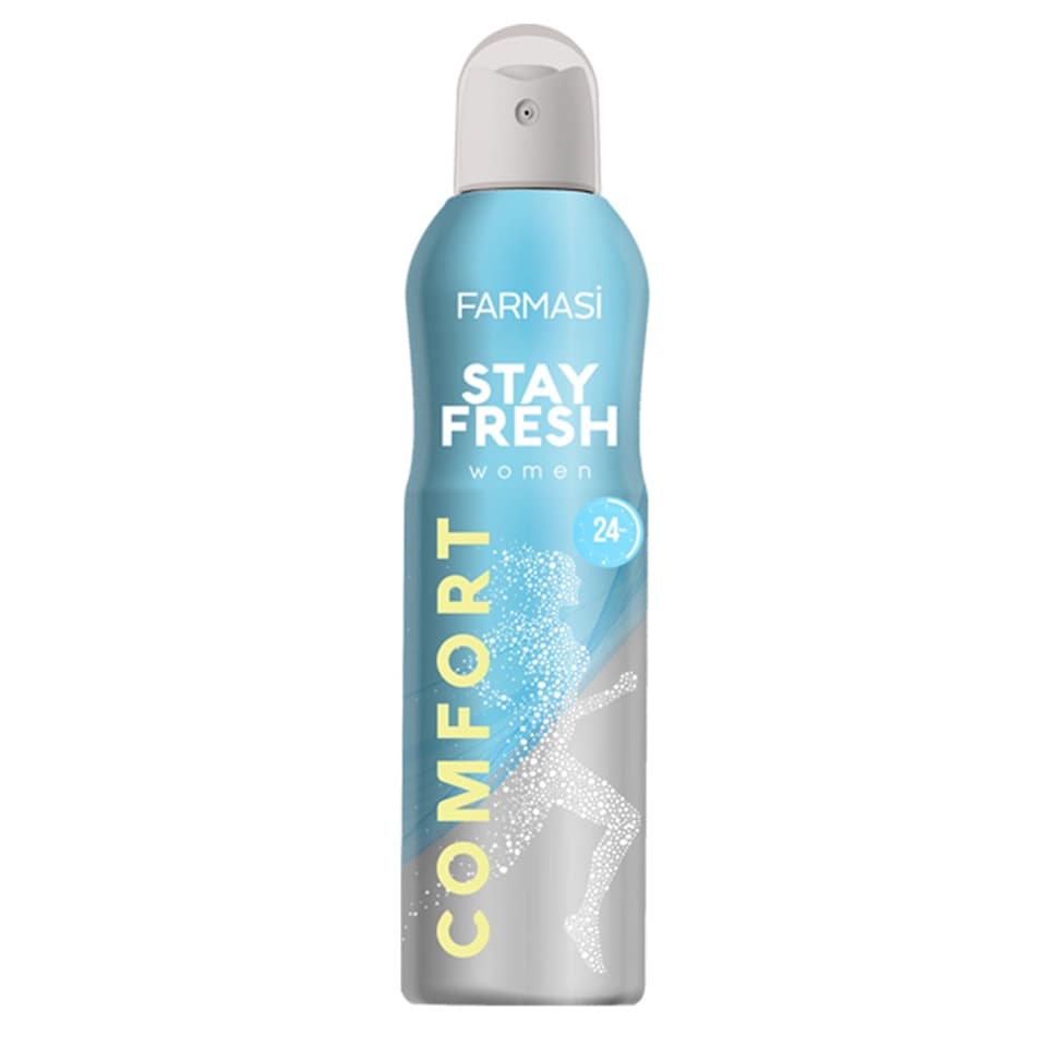 اسپری بدن ضد تعریق ۲۴ ساعته زنانه فارماسی رایحه کامفورت Farmasi COMFORT STAY FRESH حجم 150 میلی لیتر
