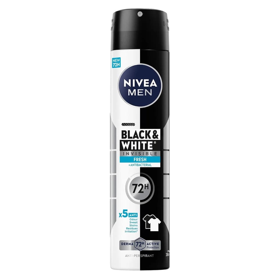 اسپری ضد تعریق 72 ساعته مردانه نیوآ رایحه نامرئی فرش (برای لباسهای سیاه و سفید) NIVEA BLACK & WHITE INVISIBLE FRESH حجم 200 میلی لیتر